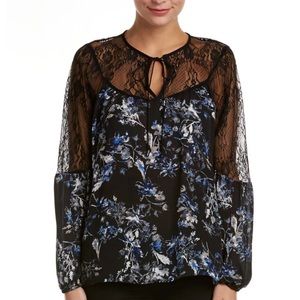 Parker Black-Blue Floral Lace Yoke Semi Sheer‎ Long Sleeve Peasant Blouse Medium